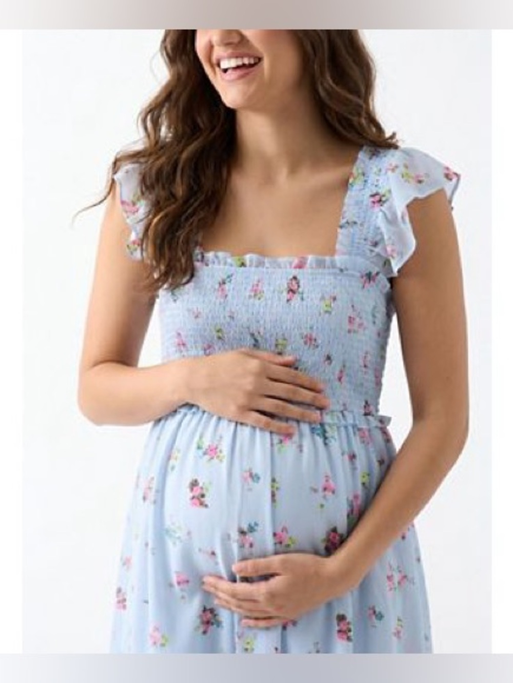 Motherhood Light Blue Floral Smocked Maternity Dress Size L